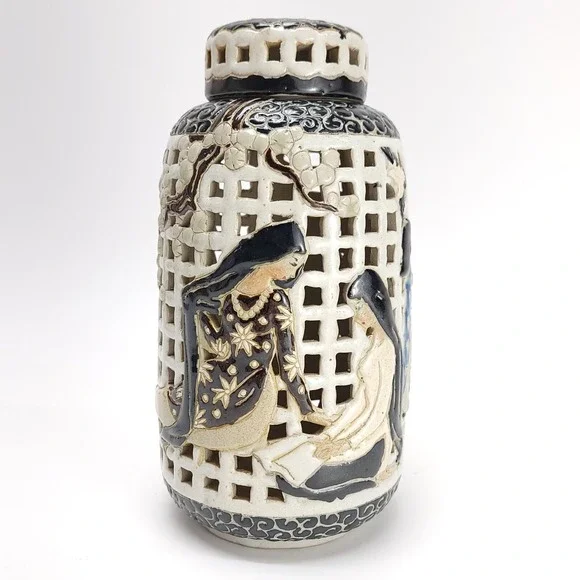 Vintage Dona Ceramics Pottery Open Work Lantern Urn Jar West Vietnam Authentic‎